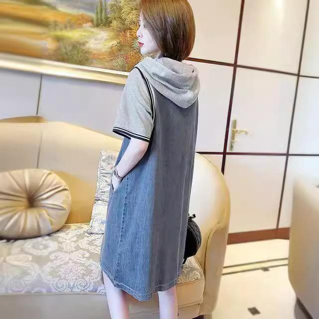 2025 Summer New Medium and Long Straight Skirt Loose and Thin Splicing Hooded Large Size Sweater Denim Dress Women