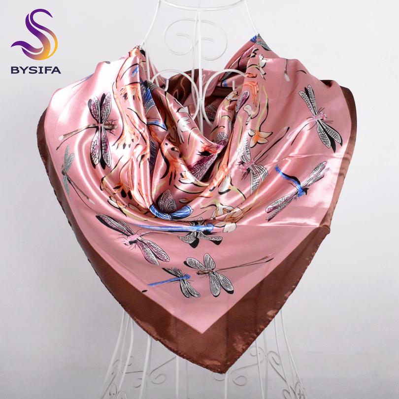 [BYSIFA] Chinese Pink Peony Women Satin Silk Scarf Cape  New Navy Blue Elegant Ladies Neck Head Scarf Spring Autumn Scarves