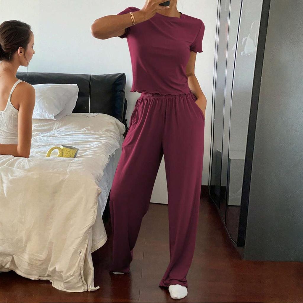 Women's Fall Two Piece  Outfits Long Sleeve Tops Tee Shirts Wide Leg Pants Sets