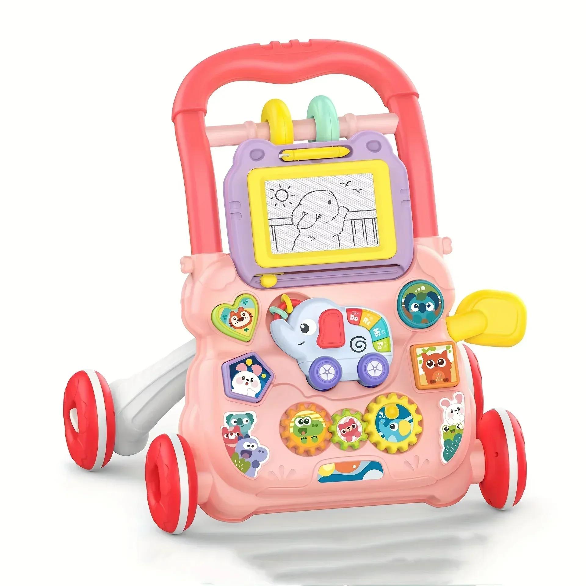 Andador de Bebê Velocidade Ajustável Anti Capotamento Brinquedo de Educação Infantil Carrinho de Empurrar Com Música e Luzes Brinquedo Andador de Bebê cor-de-rosa