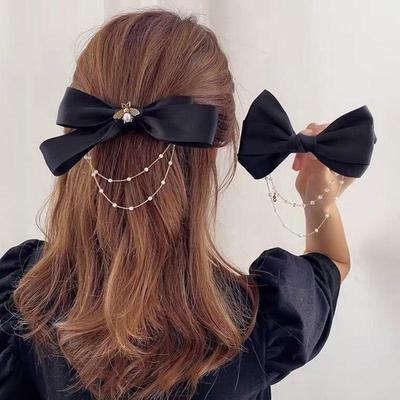 1 Pcs Bowknot Pearl Chain Bar Hairpin for Women's Rhinestone Spring Hairpin Ribbon Headband Ponytail Hair Ornament YSX