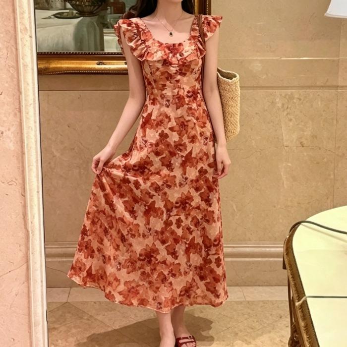 French romantic floral dress women s summer new seaside vacation style thin skirt texture high-end dress S