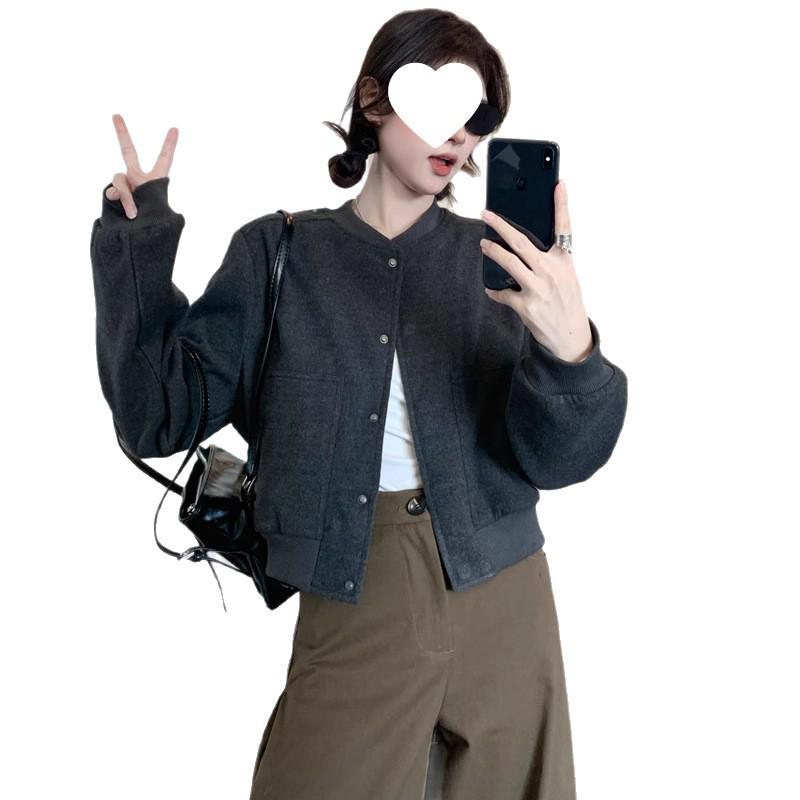 Women’s Khaki Woolen Baseball Jacket: Spring 2025 Petite Short Coat in New Style