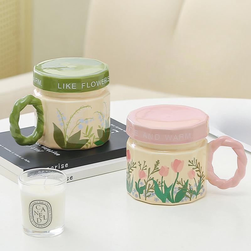 Flower Ceramic Mug with Lid High Value Water Cup Home Coffee Cup Office Birthday Gift Female Souvenir