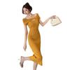 Sexy Off-the-shoulder Hollowed-out Thin Tencel Smoothie Knitted Dress for Women's Summer New Waist and Thin Hip Skirt Long Skirt
