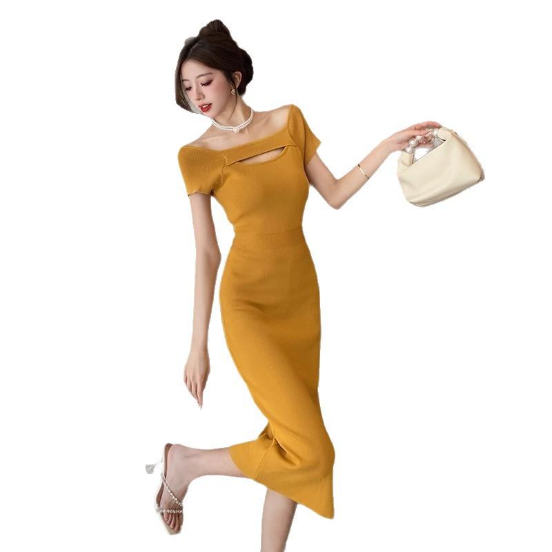Sexy Off-the-shoulder Hollowed-out Thin Tencel Smoothie Knitted Dress for Women's Summer New Waist and Thin Hip Skirt Long Skirt
