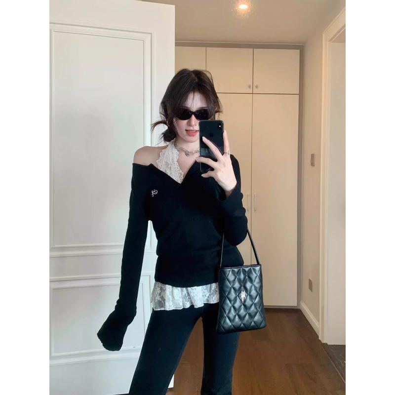 

off-Shoulder Sweet and Spicy Early Autumn Bandage Dress Black Two-piece Set Embroider Base Lace S([Recommended 37.50 kg-47.50 kg]])