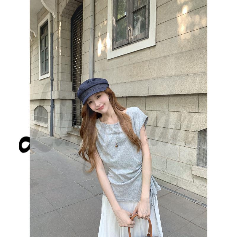 Women's Summer Korean Style Pleated Waist Lace-Up Slim Fit Short-Sleeve T-Shirt