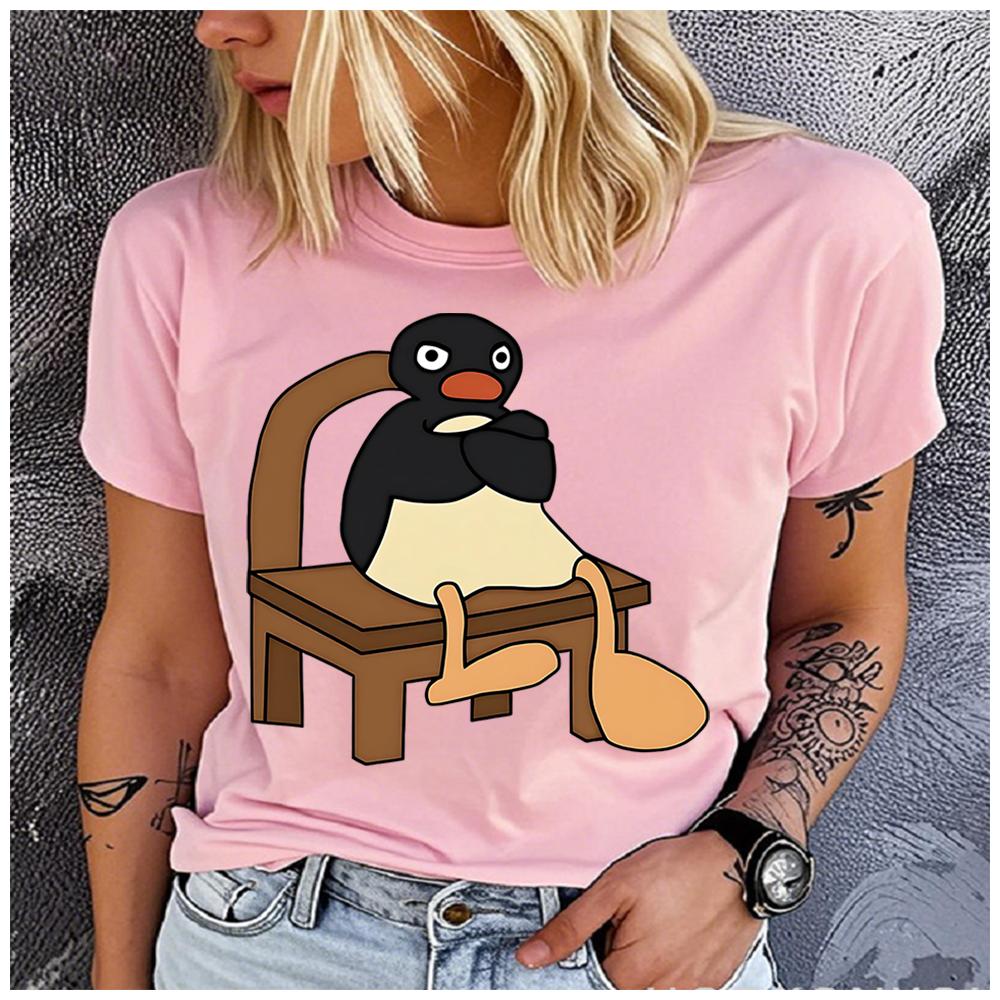 Unisex 100% Polyester Classic Cartoons Pingu Print Loose Round Neck Short Sleeve Fashion Summer Top for Astrology Lovers