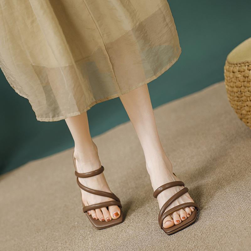High-heeled Slippers, High-end Exterior Wear Fashion, Thin Heels 2025 New Summer Nude French Square Head One-word Cool Slippers