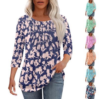 Tricou de damă la modă casual plisat cu gât rotund, casual, cu imprimeu floral, cu mâneci trei sferturi