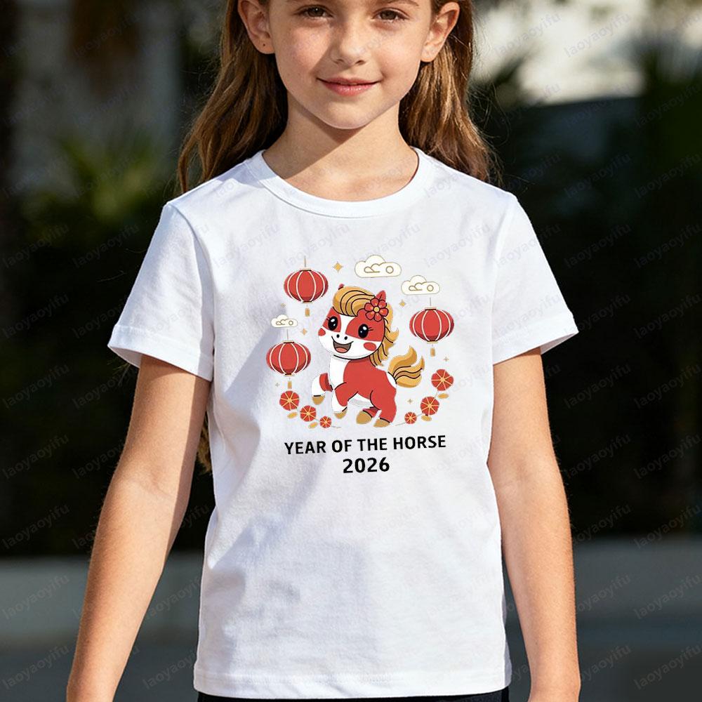 Year of The Horse 2026 Children Tshirt Happy Chinese New Year 2026 Shirt Chinese Zodiac Horse Cute Printed Boys Girls Tshirt