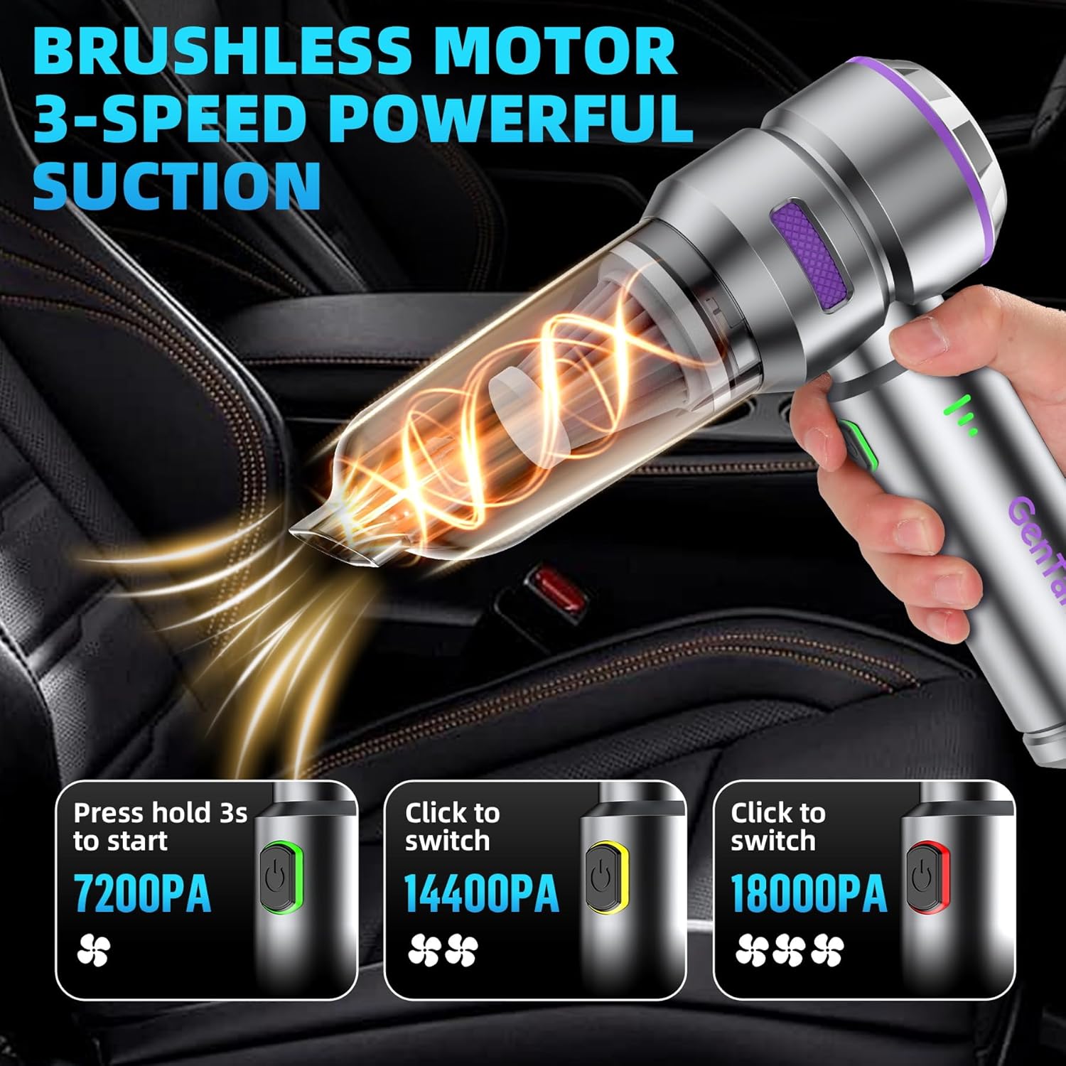 

Portable Cordless Car Vacuum, 18000PA High Power, Brushless Motor, Type-C Charge, 3-in-1 for Car, Home, Pet Hair United States