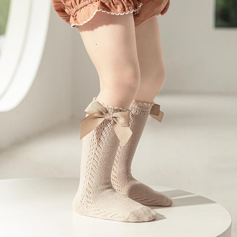 Summer Kids Knee High Socks Baby Girls Boys Bow Long Sock Soft Cotton Mesh Breathable Children Hollow Out Socken For 0-7 Years