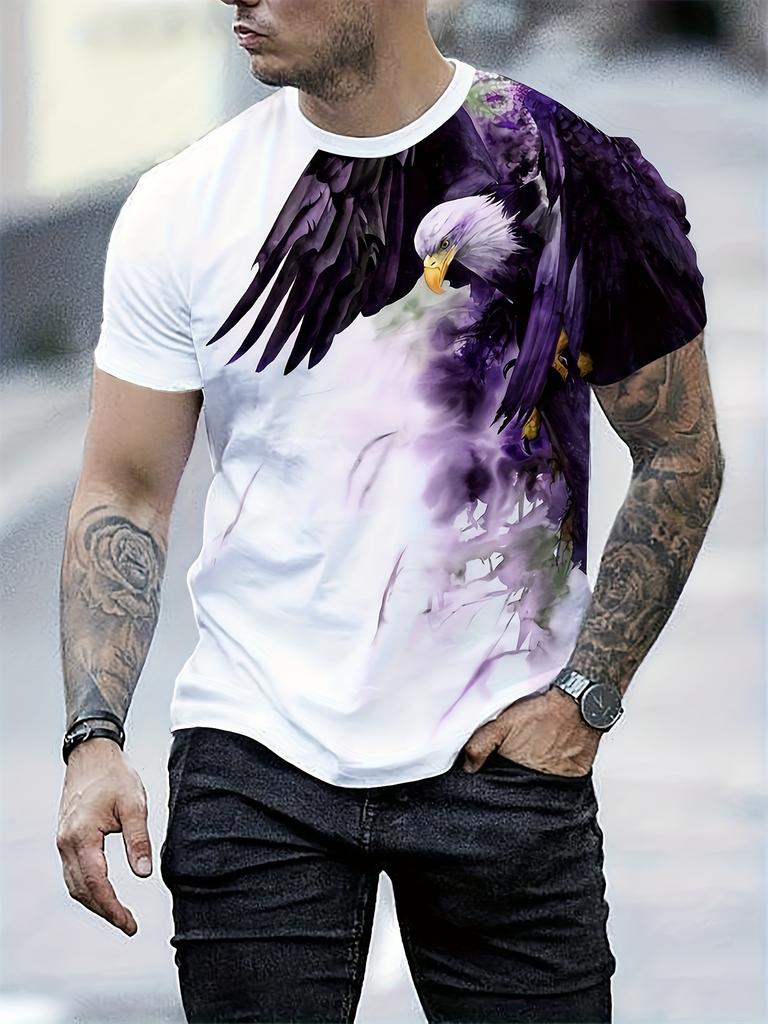 Herren Sommer Mode Nummer Adler und Aquarell Marker Muster Rundhals Kurzarm T-Shirt Modisches Casual Oberteil