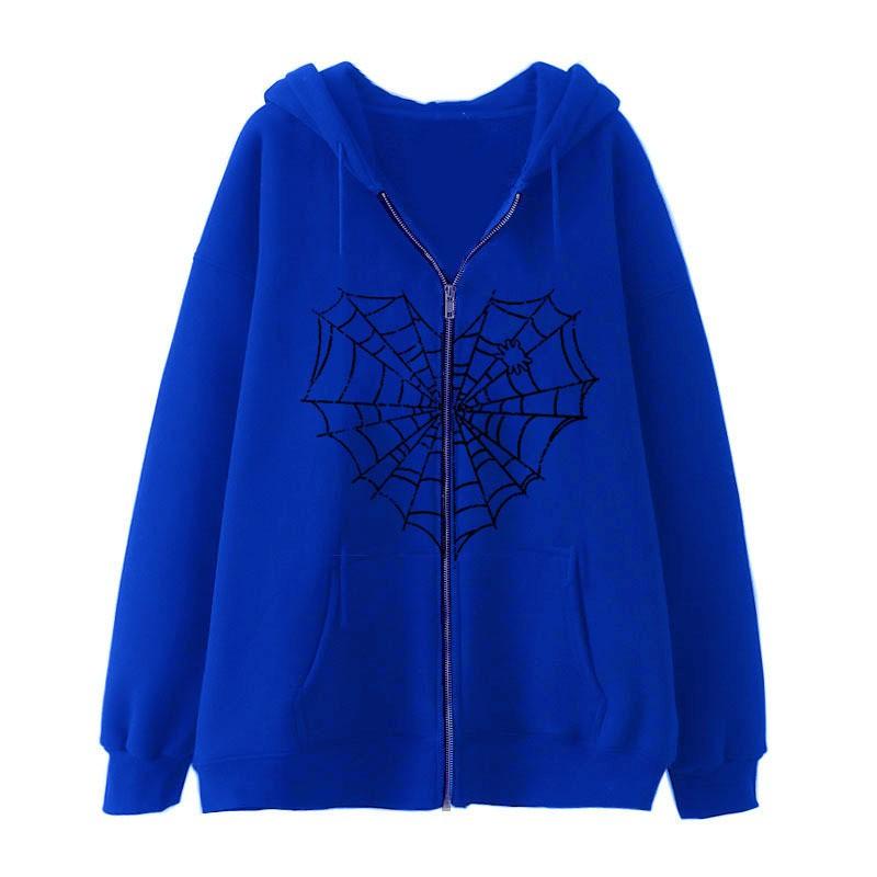 Colorful Spider Web Print Zip Up Hoodie Loose Fit Streetwear Y2K Couple Outerwear