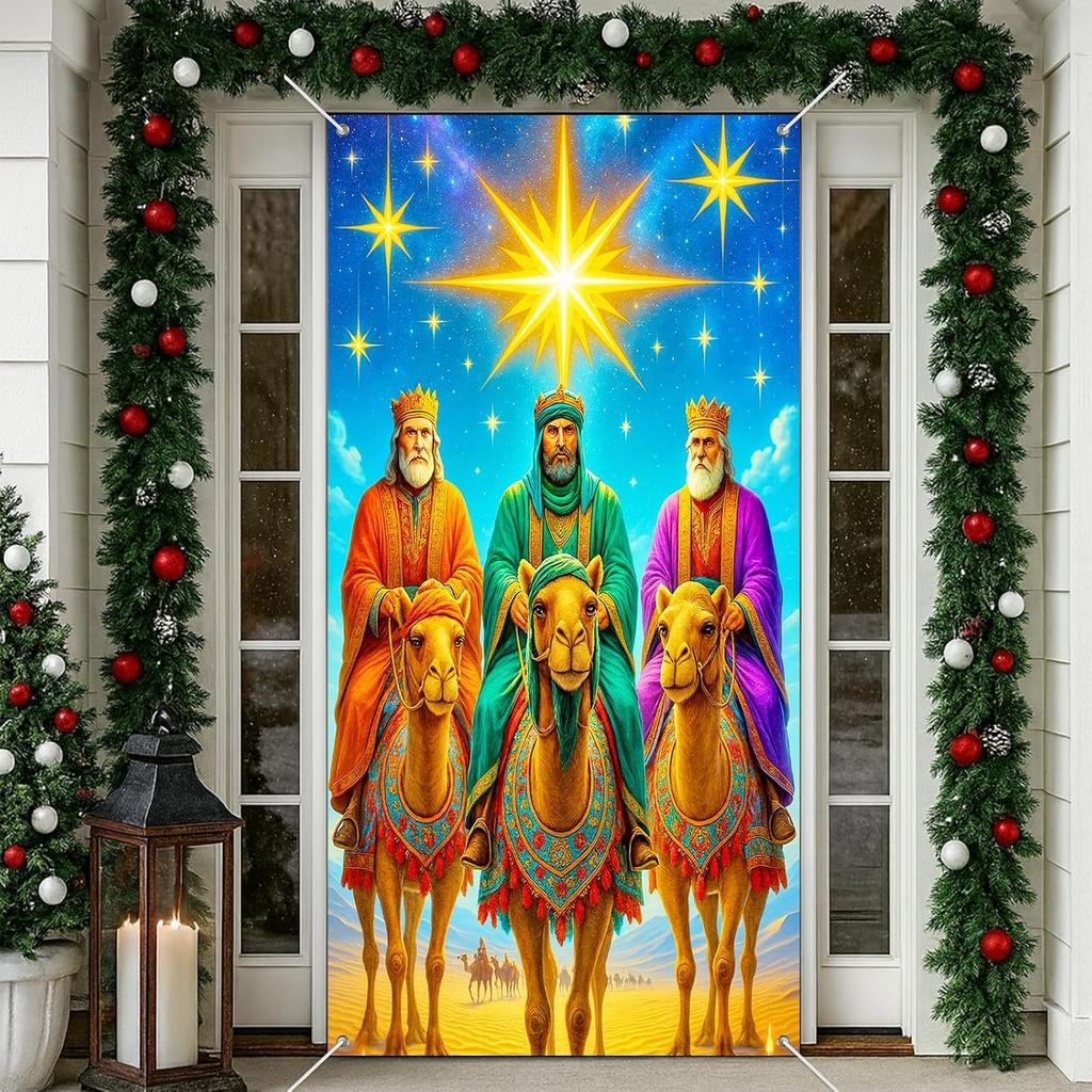 IVN Three Kings Day Epiphany Door Cover 71 x 35 Inches Front Door Banner Camel Scene Religious Holiday Decor Indoor And Outdoor