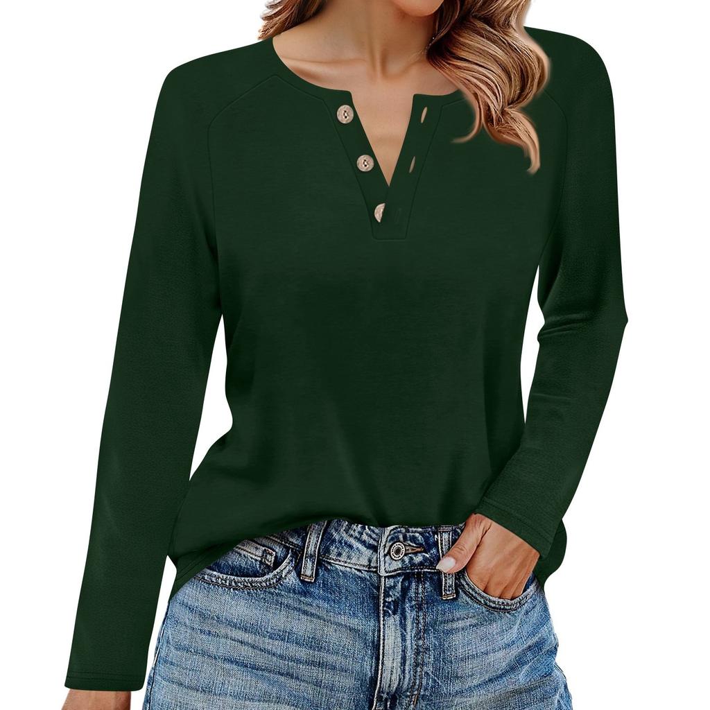 Dame T-skjorte Ensfarget Knapper Langermet Hverdag Weekend Mote Basic V-hals Normal Topp