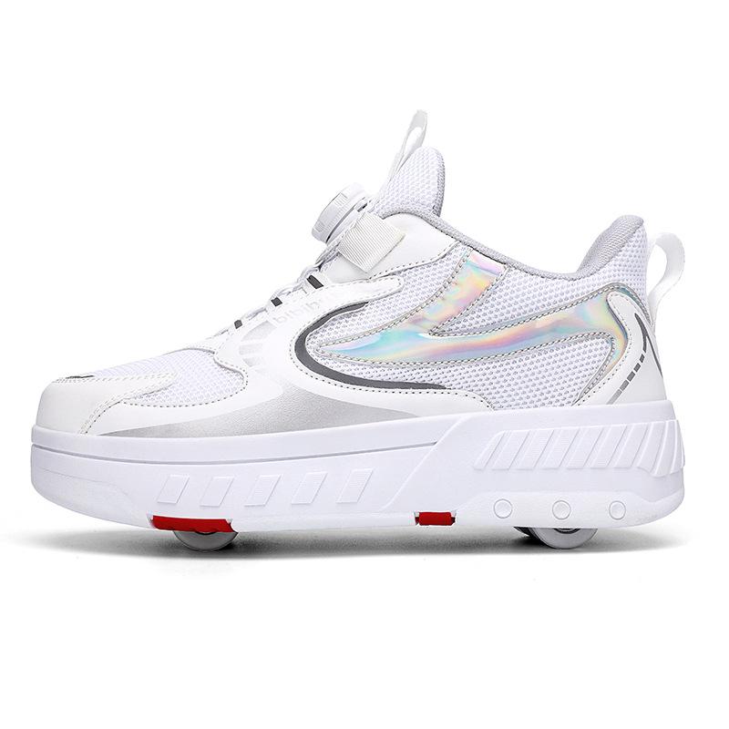 Manuelle Vierrad-Rollschuhe, Studentenversion 6-15 Jahre alt, Gehen und Skaten Rollschuhe, Sommer Mesh Atmungsaktive Schuhe mit Rollen