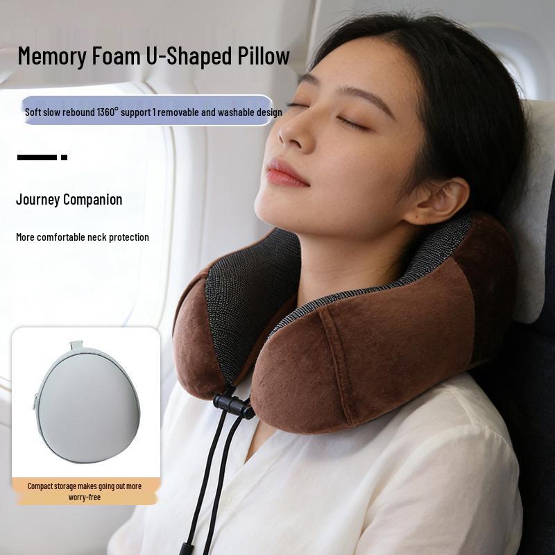 U-Shaped Memory Foam Neck Pillow with Buckle Design - Solid Color, Slow Rebound, Foldable for Office Naps