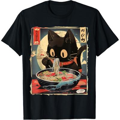 SHANGCHEN Kawaii Katze isst Ramen-Nudeln Anime Geschenk Mädchen Teenager T-Shirt