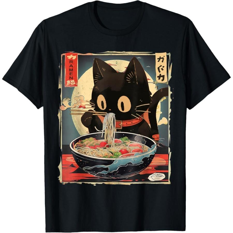 SHANGCHEN Kawaii Cat Eating Ramen Noodles Anime Gift Girls Teens T-Shirt S