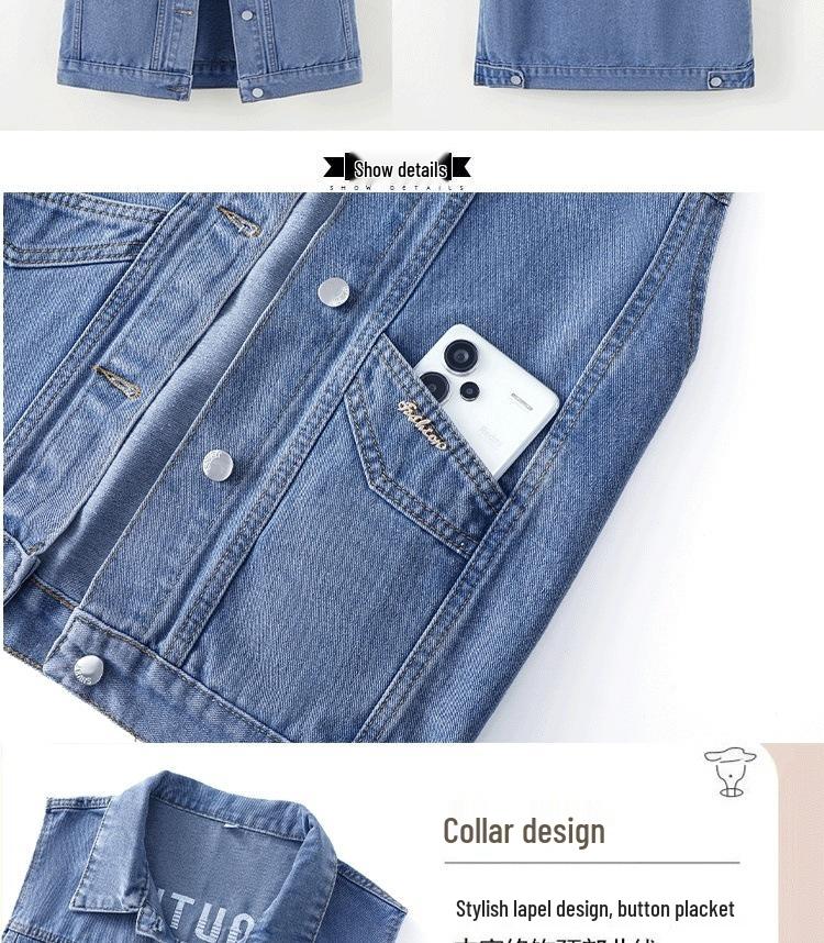 Women's Plus Size Embroidered Denim Vest with Big Pockets - Autumn Sleeveless Cardigan