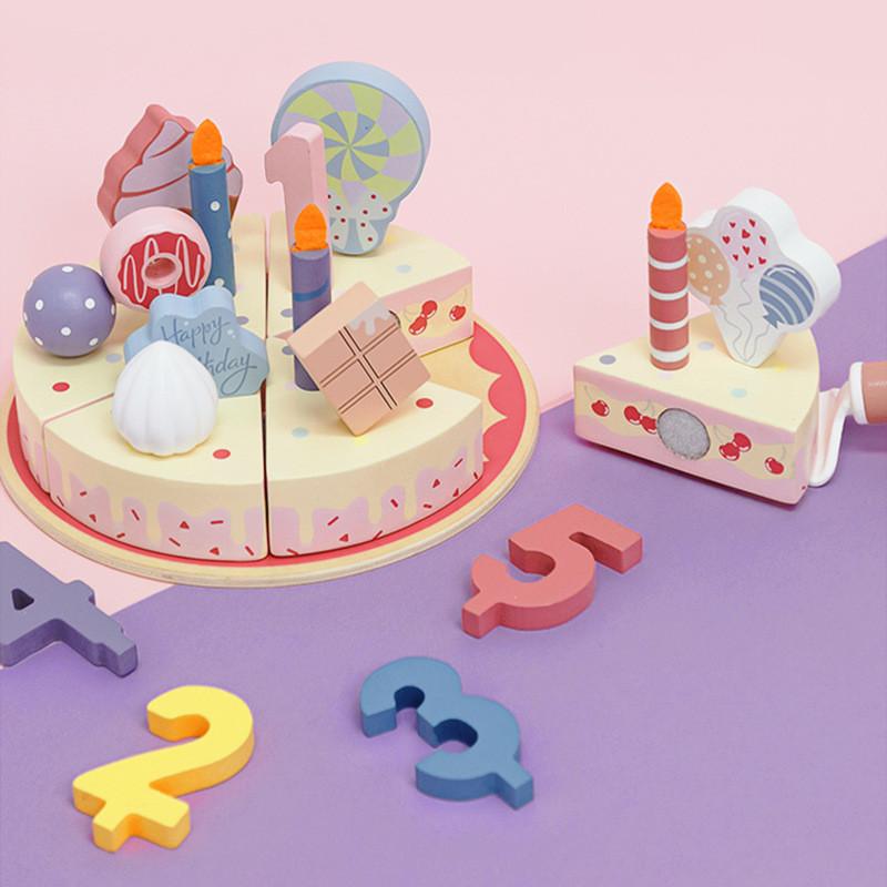 Children Wooden Play Food Set Birthday Cake Accessories Imaginative Fun Gift