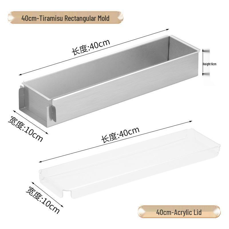 Tiramisu Set: Rectangle Stainless Steel Mold, Cake Base, Long Tray, and Spatula.