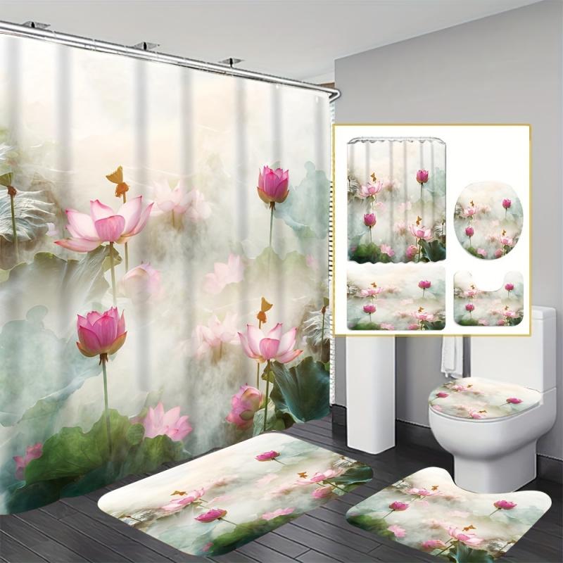 Lush Lotus Shower Curtain Set With 12 Free Hooks: Includes A Waterproof Curtain, Non-Slip Bath Mat, Toilet Seat Cover, And Bathr