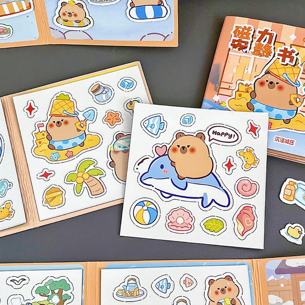 Capibara Theme DIY Sensory Quiet Book for Girls No-Cut Busy Book Fine Motor Skills Toy Reusable Sticker Squeeze Sensory Bean Bag Book for Kids