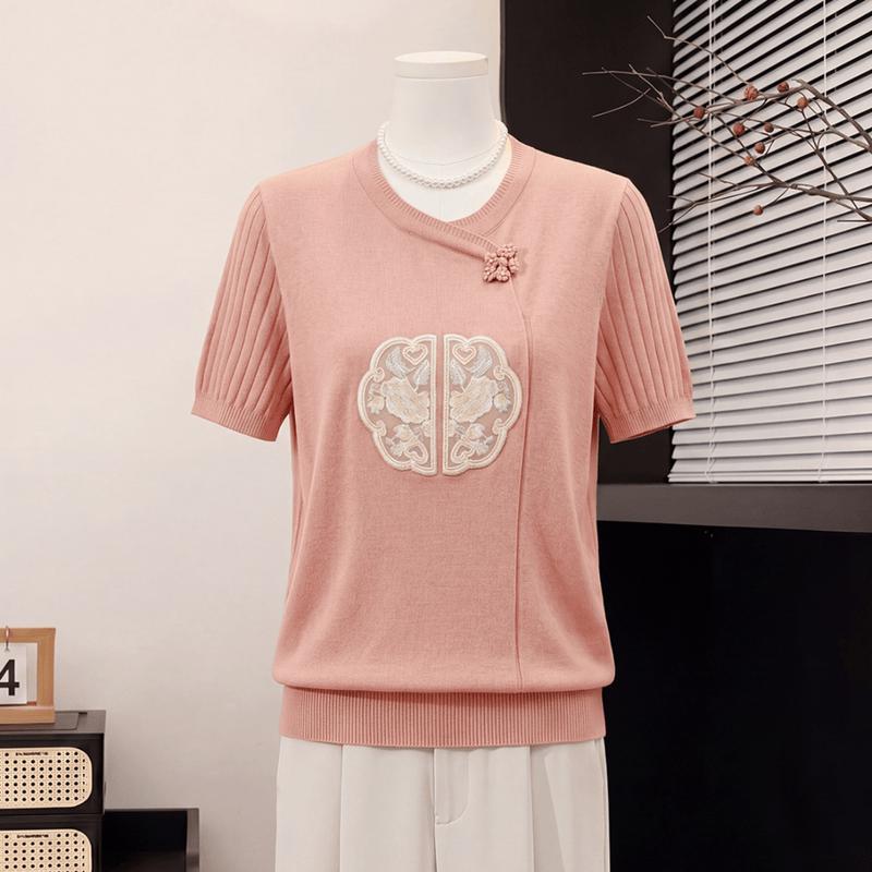 Yuzhaolin Summer New Chinese Style Embroidered Knit Top for Mid-Aged Women