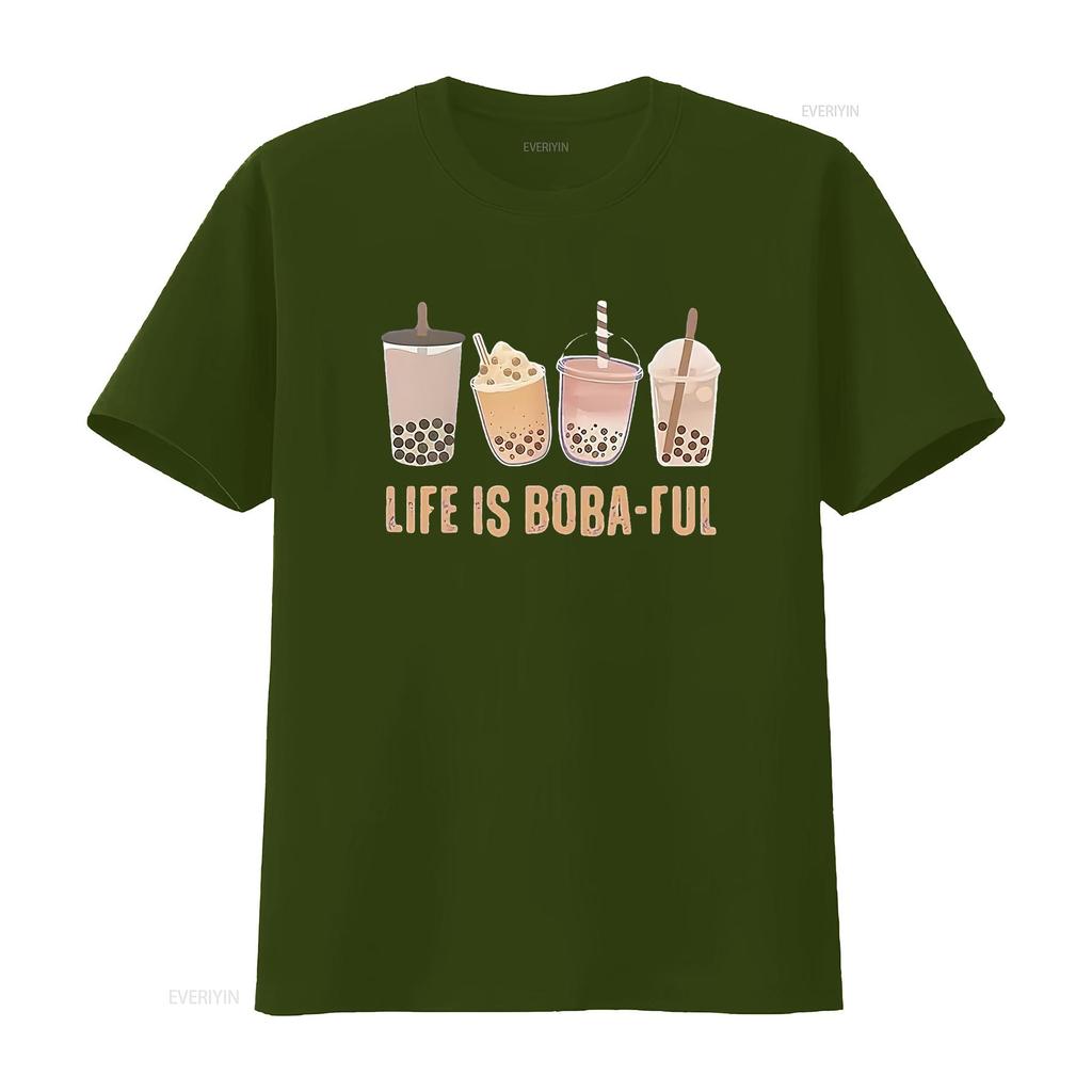 Life Is Boba Ful T Shirt For Women Cute Pearl Milk Tea Pattern Casual Funny Tops Lover GifT vintage Washed Versatile