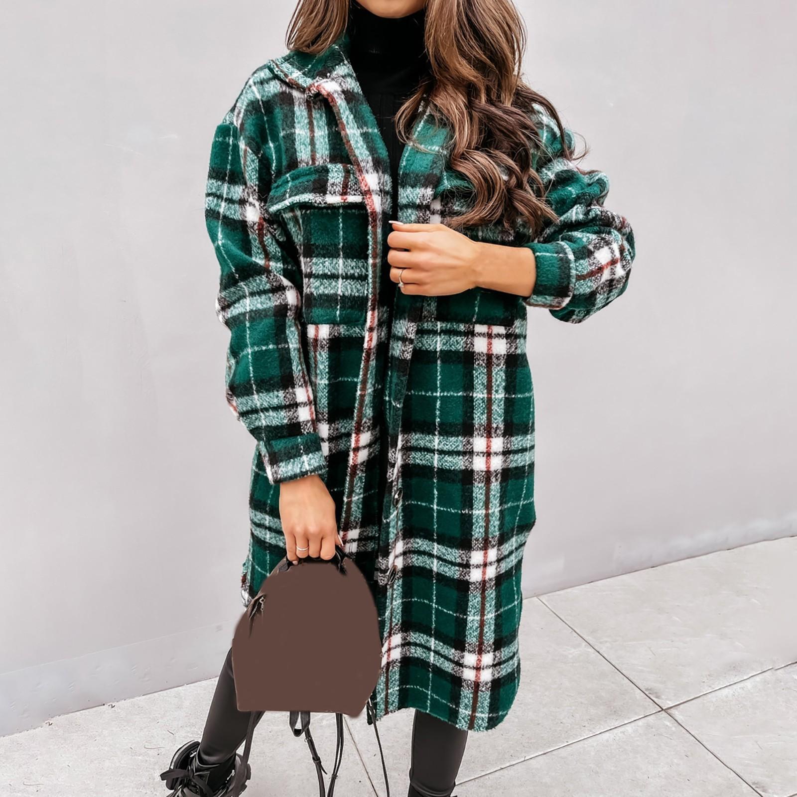 

Женская повседневная клетчатая рубашка с длинными рукавами и пуговицами, негабаритная рубашка, куртка, пальто, верхняя одежда с карманами L зелёный