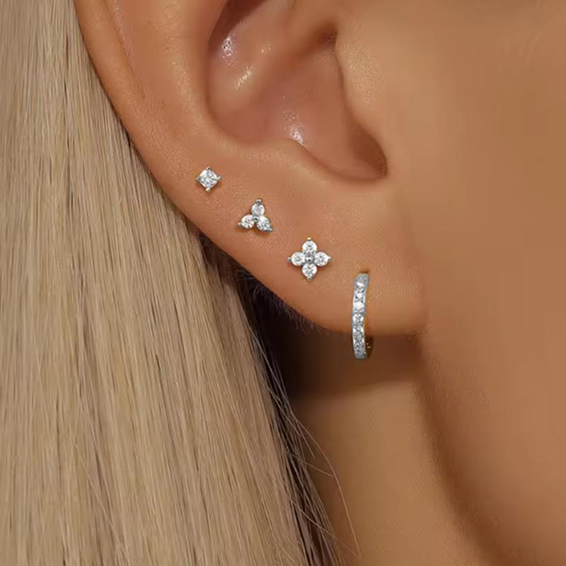 

4PCS Gold Plated Flower Round Piercing Earrings Set For Women Stainless Steel Zircon Punk Stud Earring Trendy Jewelry aretes