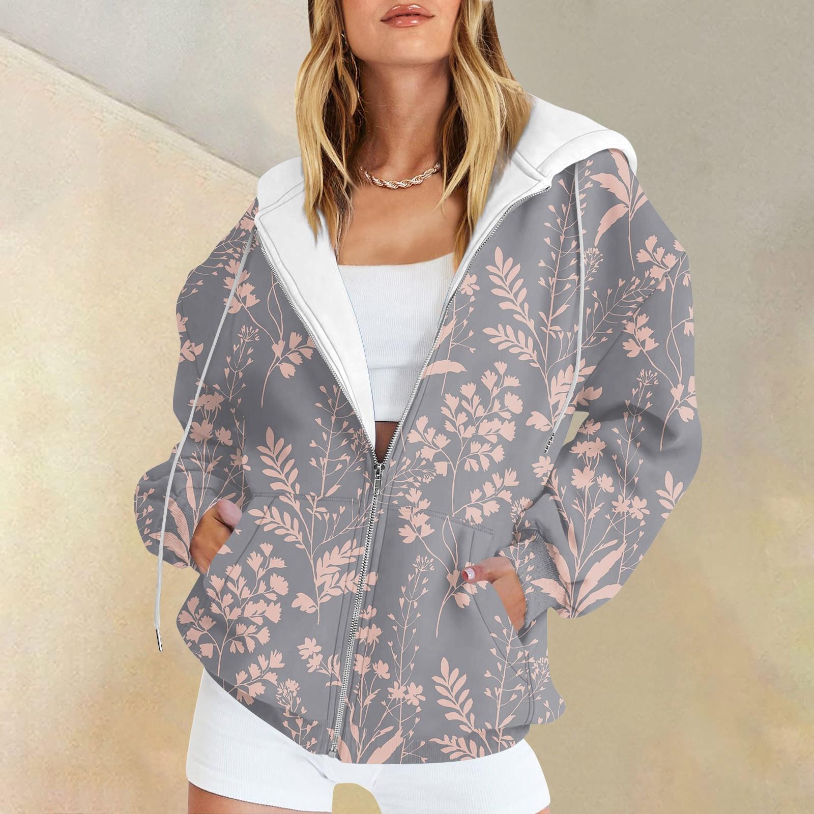 

Женская мода повседневная спортивная одежда с цветочным принтом на осень и зиму с длинными рукавами и карманами, куртка-кардиган с капюшоном на молнии, куртка XXL