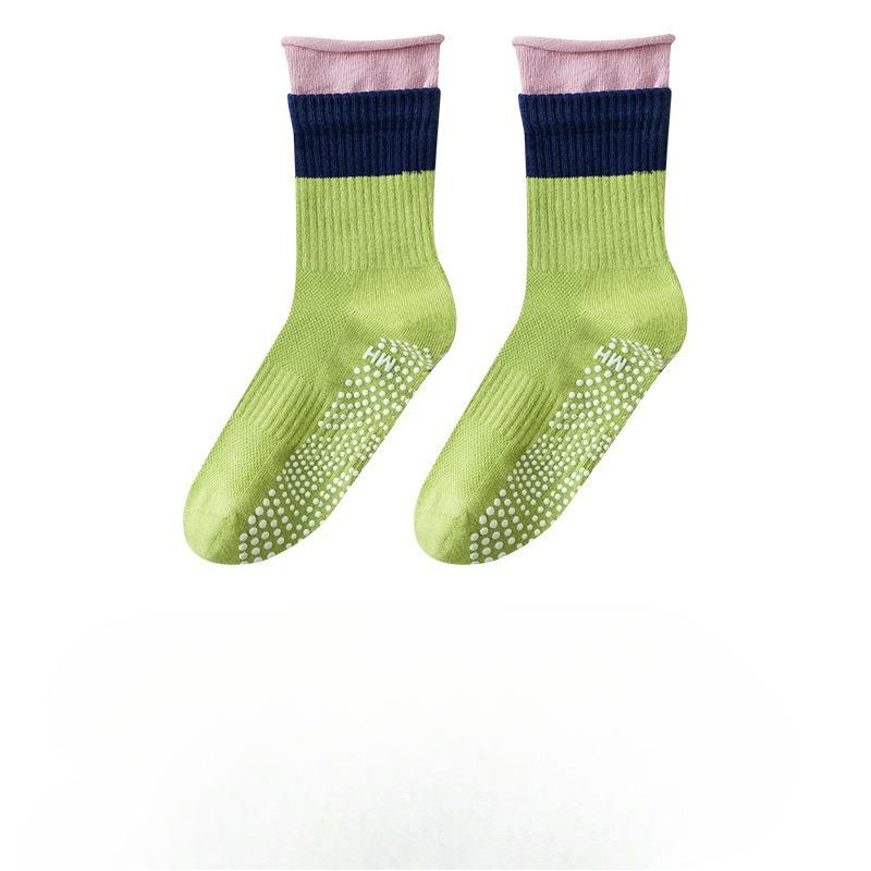Yoga Casual Socks for Summer, Thin Mesh, Anti-slip, Women's Pilates, Mid-calf, Color-blocked, Rolled-up, Fitness