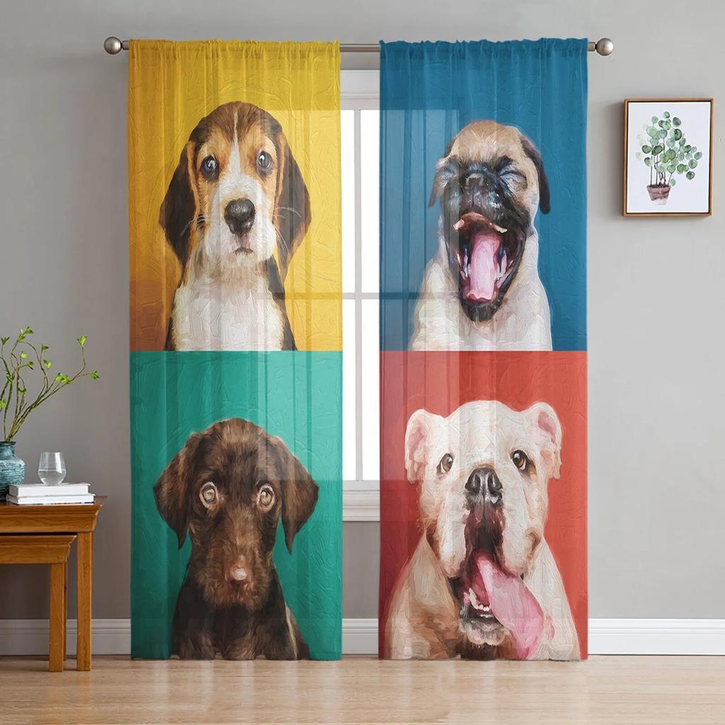 Bulldogge Collie Tier Haustier Hund Chiffon durchsichtige Vorhänge für Wohnzimmer Schlafzimmer Heimdekoration Fenster Voile Tüll Vorhang Vorhänge