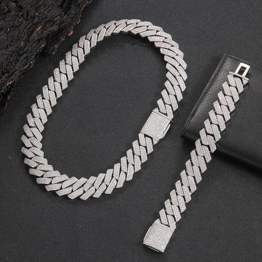 

European & American 20mm Rhombus Cuban Link Zirconia Hip Hop Necklace & Bracelet for Men Bracelet 7in