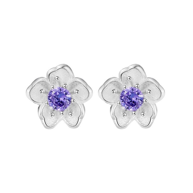 New Japanese Exquisite and Simple Cherry Blossom Zircon Stud Earrings Women's Temperament Earrings Purple Diamond Flower Ear Jewelry