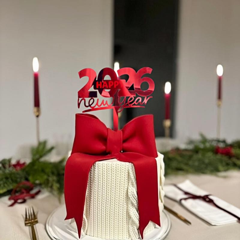 

1 шт. Топпер для торта Счастливый год Золотой Красный Привет 2026 Акриловый топпер для торта для Рождества Рождественской новогодней вечеринки Украшения для торта