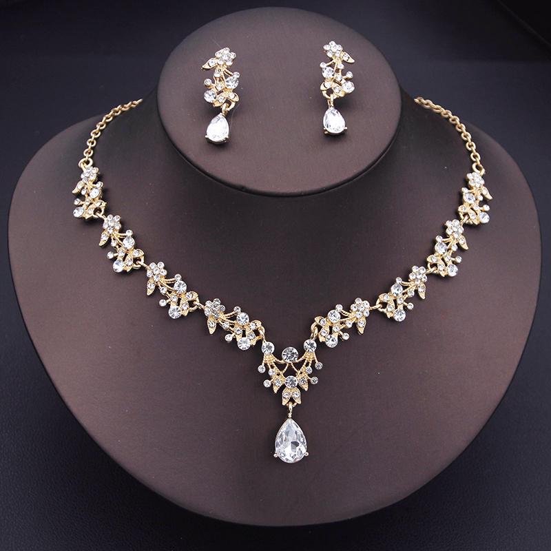 Exquisite Dangle Earrings and Necklace for Women Elegant Jewelry Set Flower Design Shining Rhinestone Necklace Set Wedding