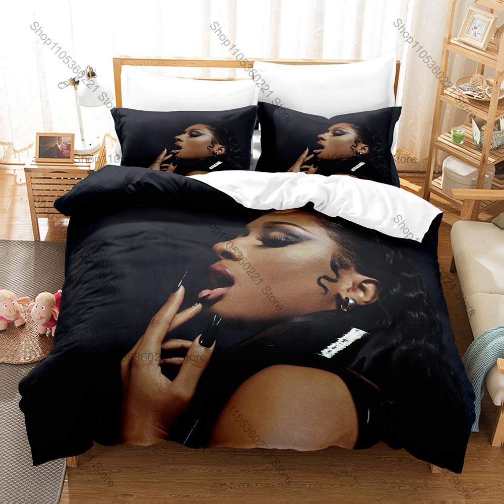 Megan Thee Stallion Duvet Cover + 2 Pillowcases Neon Hip Hop Abstract Graphic 3Pcs Zipper Quilt Cover For Rap Music Collector