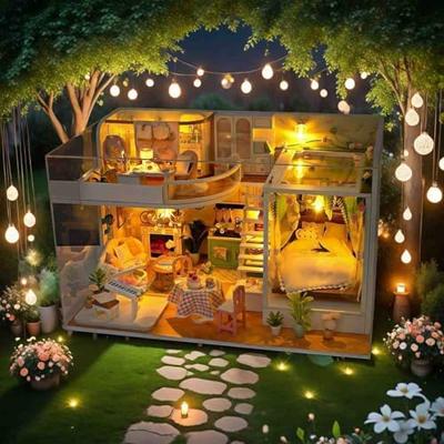 Sofiey Puppenhaus DIY Bausatz Set, Miniaturmöbel Bastelset mit Anleitung (Hana no Ma no Himitsugo + Staubschutzhülle + Spieluhr)