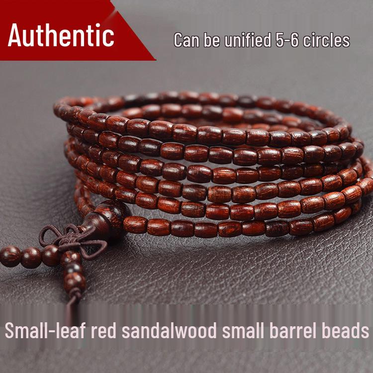 Natural Red Sandalwood Buddhist Bead Bracelet with Rice and Barrel-Shaped Beads