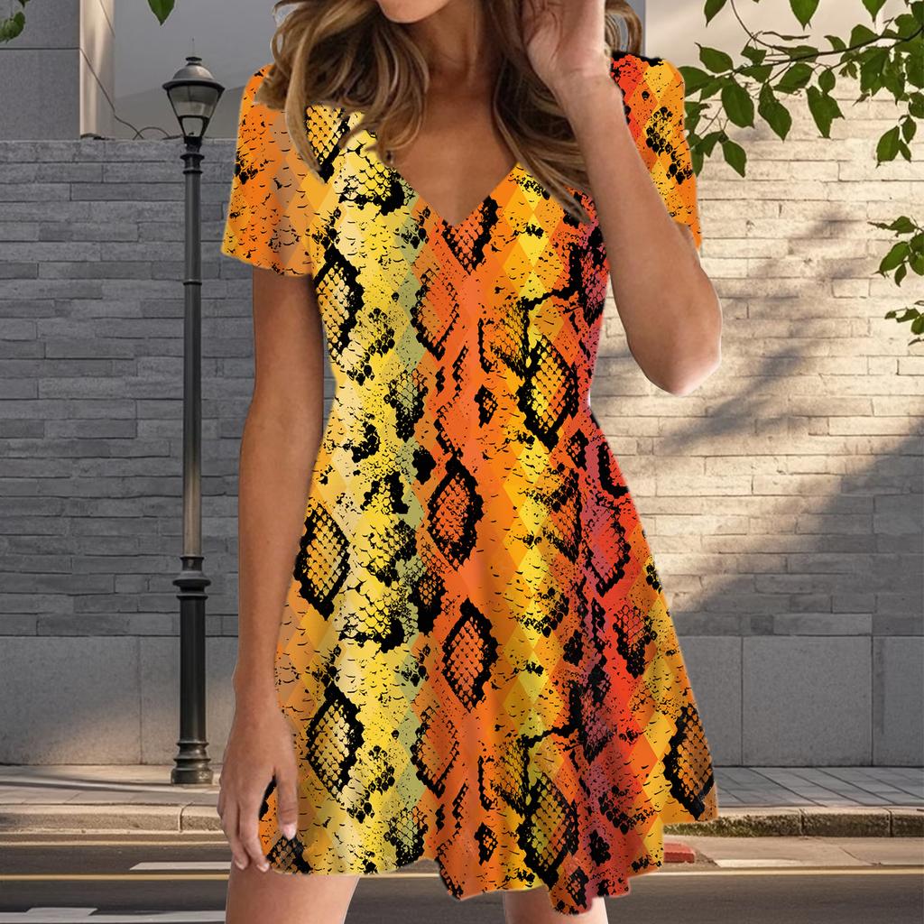 Letní módní dámské šaty s krátkým rukávem a leopardím potiskem, výstřih do V, sexy, s krátkým rukávem a sukní