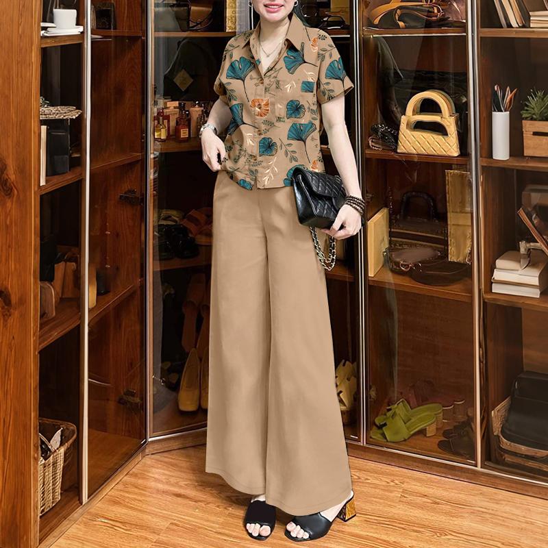 

ZANZEA Женский цветочный комплект с коротким рукавом и брюками, летний костюм-двойка 4XL хаки