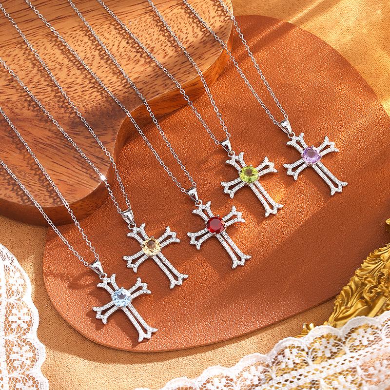 Gothic Cross Necklace European Style S925 Silver Inlaid Peridot Full Diamond Clavicle Chain