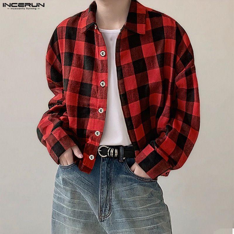 INCERUN S-XXXXXL Men Turn Down Collar Long Sleeve Plaid Loose Casual Shirts