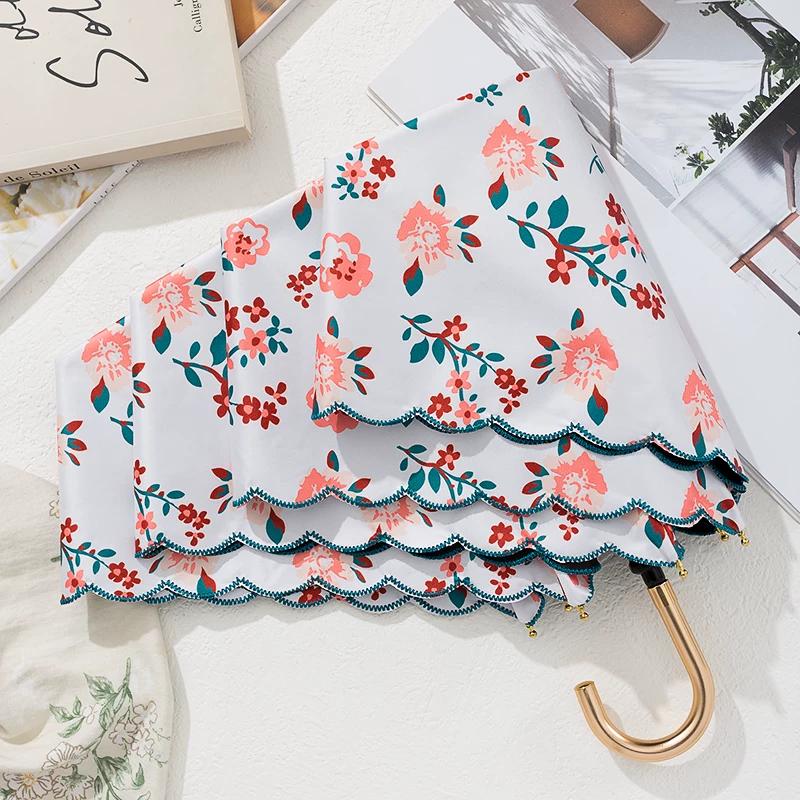 Good-looking Floral Ultra-Light Portable Hook Foldable Sun Umbrella UV Protection Vinyl Sun Protective Sun Umbrella for Women